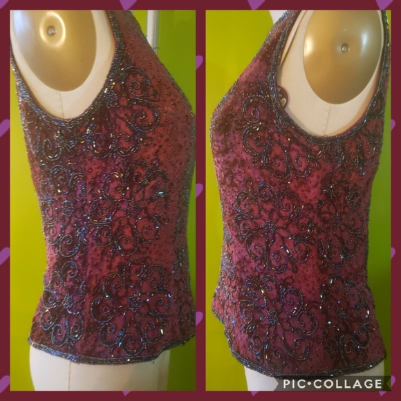Vintage 90s Burgundy Top with Iridescent Beading - Picture 2 of 6